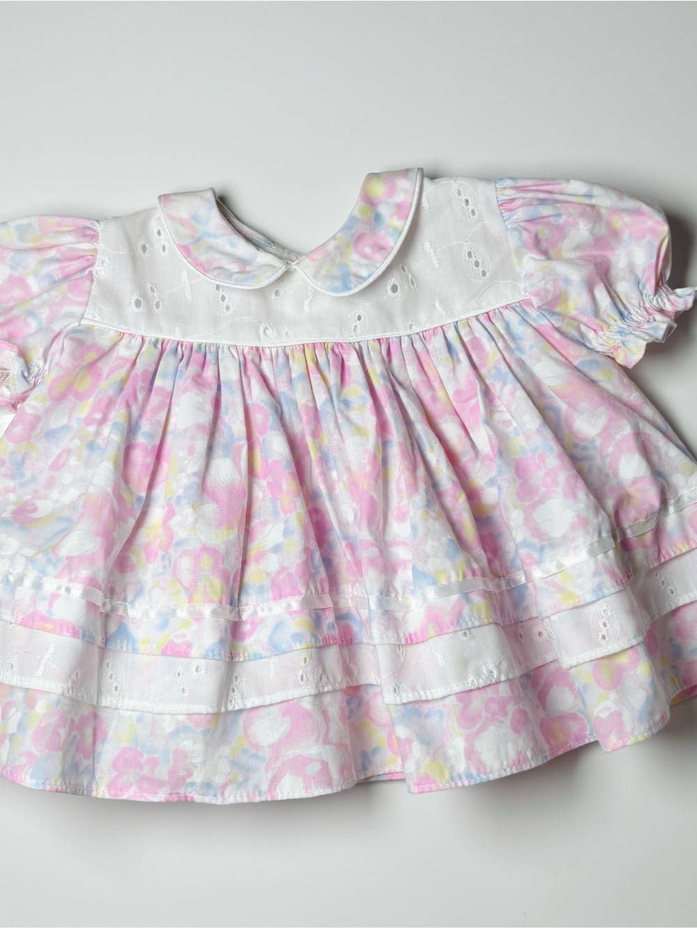 Vintage 80s 90s Pastel Floral Watercolor Eyelet Lace Pinafore Dress 0-3M